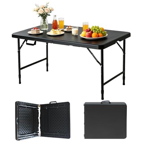 Portable Plastic Folding Table 4ft/6ft/8ft Heavy Duty White Black Picnic Dining Table Fold-in-Half for Camp Party Kitchen Indoor Outdoor - color: Black, size: 4FT, style: Flat Desktop