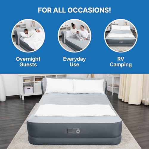 SleepLux Queen Air Mattress with Headboard | Supersoft Snugable Top, Extra Durable Tough Guard | Raised Airbed with Built in Pump + USB Charger (90"x60"x29") Grey - style: Queen ToughGuard with Headboard