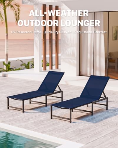 Chaise Lounge Chair Outdoor,Aluminum Patio Lounge Chairs Set of 2,Pool Lounge Chairs with 5 Adjustable Backrest for Outside Beach Lawn and Backyard NavyBlue - color: Navyblue, size: 2 Chairs