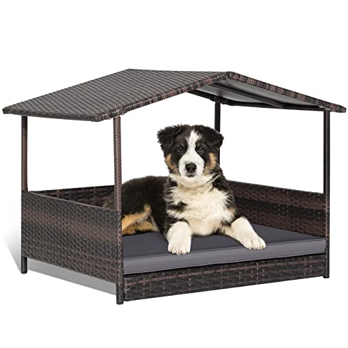 Giantex Wicker Dog House, Raised Rattan Dog Bed with Waterproof Roof, Washable Cushion Cover, Steel Frame, Indoor Outdoor Elevated Dog Bed Pet House for Small Medium Dogs Cats, Easy Assembly - style: Brown House & Gray Cushion