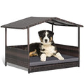 Giantex Wicker Dog House, Raised Rattan Dog Bed with Waterproof Roof, Washable Cushion Cover, Steel Frame, Indoor Outdoor Elevated Dog Bed Pet House for Small Medium Dogs Cats, Easy Assembly - style: Brown House & Gray Cushion