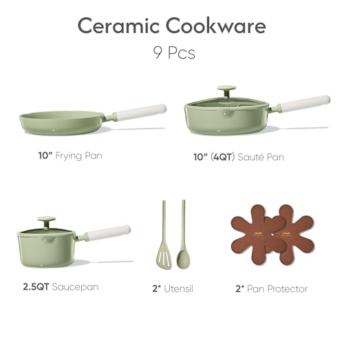 CAROTE Ceramic Cookware Set Nonstick, 9pcs Pots and Pans Set Non stick, Non-Toxic & PFAS-Free,Dishwasher, RV/Camping Cookware Set,Sauce Pan with Lid, Green - color: Green, size: Saucepan