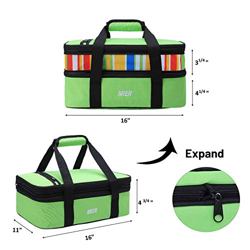 MIER Insulated Double Casserole Carrier Thermal Lunch Tote for Potluck Parties, Picnic, Beach, Fits 9 x 13 Inches Casserole Dish, Expandable by Mid Zipper, Green - color: Green