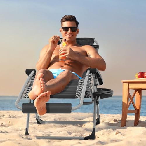 MoNiBloom 27-Inch Zero Gravity Lounge Chair with Cushion, Padded Patio Anti Gravity Recliner, Foldable Outdoor Lounger with Headrest and Footrest for Beach Camping, Black - color: Black, size: 27-Inch with Footrest 1-Pack