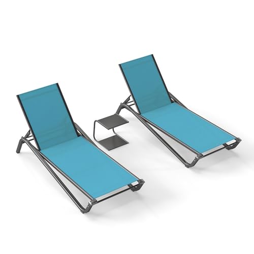3-Piece Patio Chaise Lounge Set with Side Table, Set of 2 Adjustable Pool Chairs and Aluminum Bistro Table, All-Weather Outdoor Furniture for Pool Deck, Patio & Tanning, Sky Blue - color: Sky Blue, size: 3-Piece Set: 2 Chairs + 1 Table
