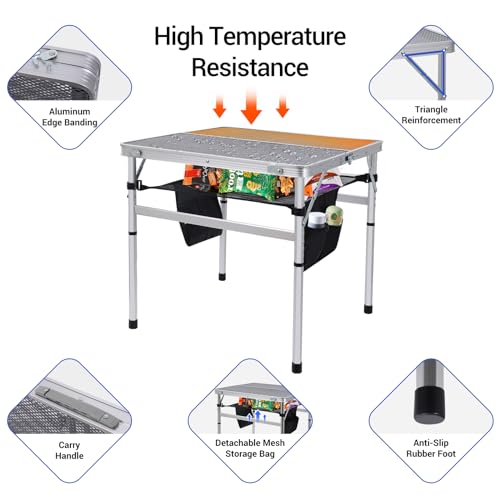 C Square Folding Height Adjustable Aluminum Table - 23.6"x23.6" White, Mesh Bag, Carry Handle, Ideal for Grill, Camping, Outdoor, Card Games