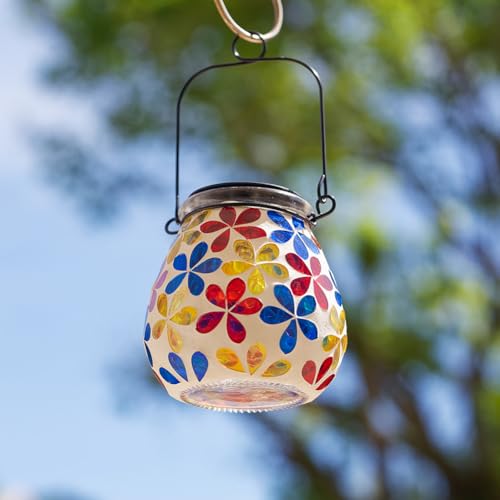 Stargarden Mosaic Solar Lanterns, Glass Hanging Lantern Waterproof Outdoor Haning Lights Flower Decorative Table Lamp for Garden ,Patio,Yard Decor - color: Flower