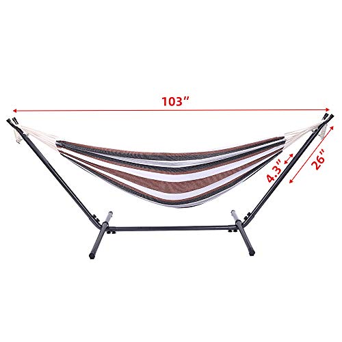Double Hammock with Steel Stand, Adjustable Hammock Bed,Portable Outdoor Polyester Hammocks Set,2-Person Heavy-Duty Hammocks for Camping Garden Backyard Patio,250lbs Capacity (Coffee Stripe) - color: Coffee Stripe