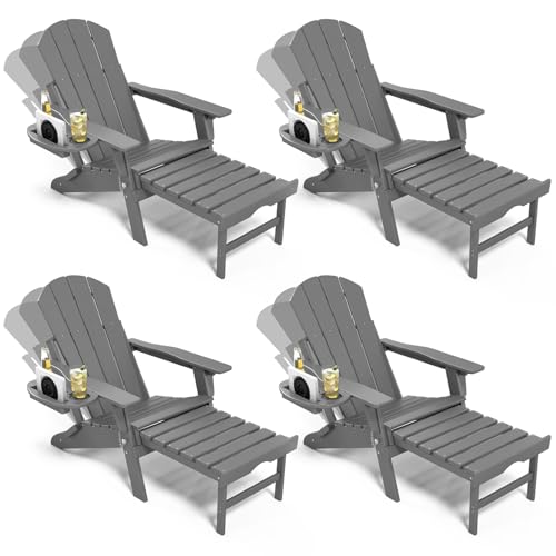 NAVINE Adjustable Adirondack Chair with Retractable Ottoman Set of 4, HDPE Folding Adirondack Chair with Cup Holder, All Weather Fire Pit Chair for Outdoor. - color: Dark Grey, size: 4 pcs