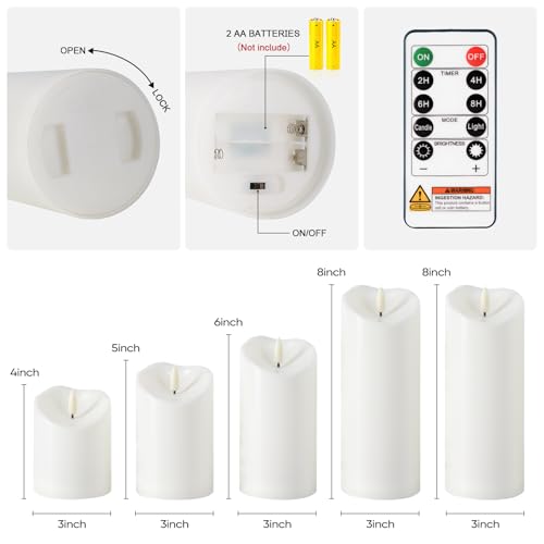 Amagic Waterproof Outdoor Flameless Candles with Remote, LED Candles Battery Operated with Timer, Flickering Fake Pillar Candle for Outside Patio Yard Decor, Ivory, Set of 5, D3 X H4 5" 6" 8" 8" - color: Ivory White, size: D3"x H4"5"6"8"8"
