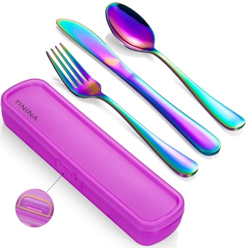 Travel Utensils with Case, 4-Piece Stainless Steel Portable Cutlery Set, Reinforced Case with Buckle Design, Lunch Box for Camping Work School, Include Fork Spoon Knife, Dishwasher Safe, Rainbow - color: Rainbow