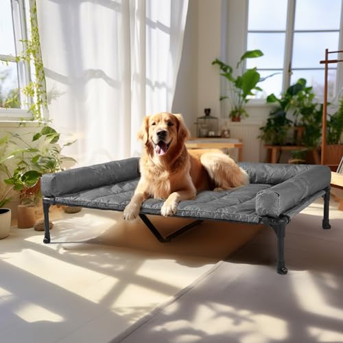 Veehoo Cooling Elevated Dog Bed Add Removable Waterproof Bolster Cushion Mat, Raised Pet Cot with Breathable Teslin Mesh, No-Slip Feet, Dog Sofa Bed for Indoor Outdoor, XLarge, Black Silver - color: Black Silver, size: 49.0"l X 33.0"w X 9.0"th