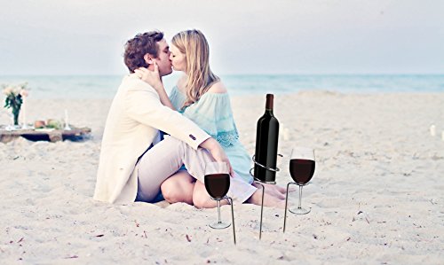 Basily Wine Stake Set - holds your wine and glasses in the ground, prevents from spilling and breaking, Stainless Steel