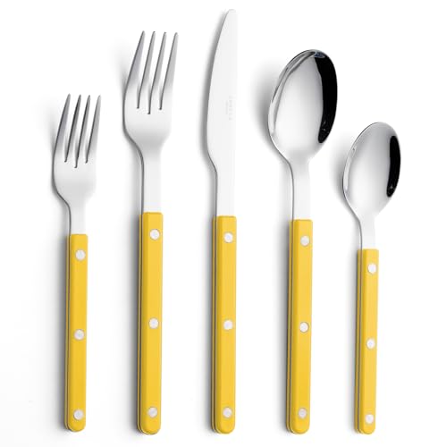 ANNOVA Silverware Set, Retro/Rivet Colorful Stainless Steel Tableware Kitchen Flatware Set Utensils, Includes Dinner Knives, Forks, Spoons, Salad Forks & Dessert Spoons (Yellow, 10 Pieces) - color: Yellow