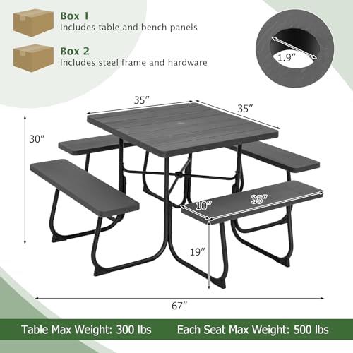 Giantex Picnic Table Bench Set for Up to 8 Persons, Square Outdoor Table and Bench with Umbrella Hole, HDPE Top & Metal Frame, 2000LBS Capacity, Patio Table Bench Set for Deck Backyard Garden, Black - color: Black, size: Square-35"x35"x30"