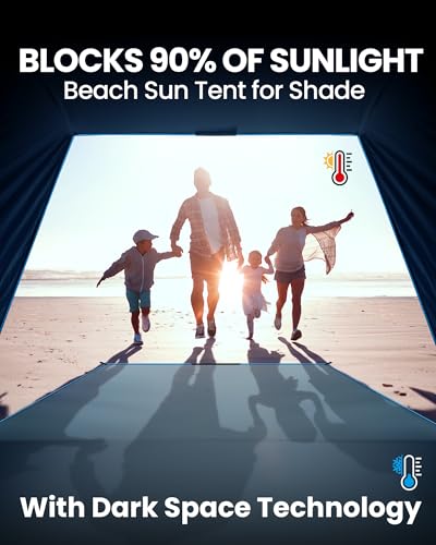 OutdoorMaster Beach Tent with Blackout Shelter Technology, Portable Sun Shade Shelter 4 Person, Pop Up Beach Tents with UPF 50+ UV Protection, 9.5mm Thick Pole, 3 Ventilating Mesh Windows - color: Ocracoke Coast