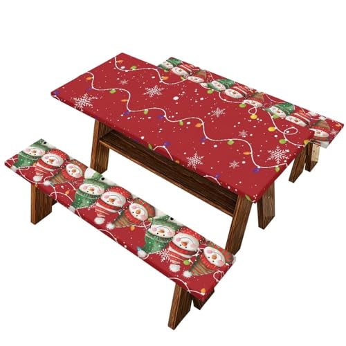 3 PCS Fitted Picnic Table Cover with Bench Cover Fitted Rectangle Tables and Seats Christmas Lights Snowmen Outdoor Picnic Table Cover for Camping - color: Christmas Lights and Snowmen, size: Small