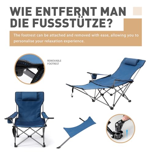 Reclining Folding Camping Chair with Removabel Footrest, Adjustable Folde Camping Chair with Foot Rest, Camp Lounge Outdoor Beach Chair, Oxford Fabric Reclining Design with Pillow Cup Holder, Blue - color: Blue