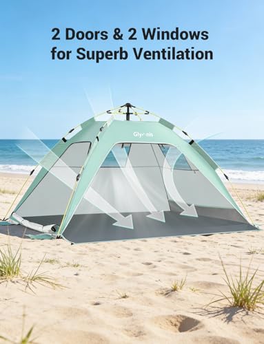 Glymnis Pop Up Beach Tent Sun Shade Shelter for 3-4 Person with UPF 50+, Lightweight & Easy Setup, Vent Windows & Zippered Door, Extended Floor Family Instant Beach Tent - color: Green