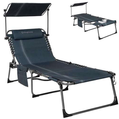 KingCamp Tanning Chair with Face Hole, Lounge Chairs Outdoor Folding Comfy Adjustable 5-Position Foldable Chaise Chaser with Canopy Shade for Outside Beach Patio, Blue/Grey - color: C*skyshade Canopy——blue/Grey Canopy, style: oversized