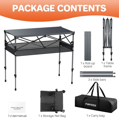 FUNYKICH Folding Camping Table(L39.4''xW19.7''), Aluminum Roll-up Portable Picnic Table with 2 Adjustable Height, Large Storage and Carrying Bag for Picnic, Camping, BBQ, Party, Backyard, Beach - size: Aluminium tabletop-39.4''x19.7''x (27.6''/34.3'')