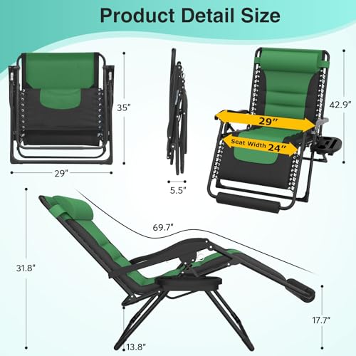 Suteck Oversized Zero Gravity Chair 29In XL Reclining Camping Chair w/Build-in Cushion, Outdoor Lounge Chairs Patio Recliner with Larger Cup Holder Footrest Padded Headrest, 330LBS, Green&Black - color: Green&black, style: 29Inch