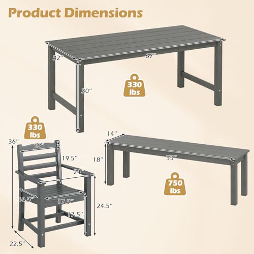 Tangkula 6 Pieces Patio Dining Bench Set, Outdoor HDPE Weather Resistant Table and Chairs Set with 1.77” Umbrella Hole and Wood-Like Surface, Outside Furniture Set for Garden, Backyard (Gray, 6 Pcs) - color: Grey, size: 6 Pcs
