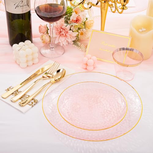 DaYammi 350 Pcs Clear Pink Plastic Plates, Hammered Disposable Dinnerware, Pink Plates Set Include 100 Plastic Platos, 150 Gold Disposable Silverware, 50 Cups And 50 Napkins for Mother's Day Party - color: Clear Pink, size: 350 Pcs