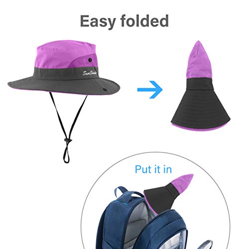3 Pieces Womens Ponytail Wide Brim Sun Hat Packable UV Protection Beach Cap for Fishing & Hiking - color: Purple＆sky Blue＆gray