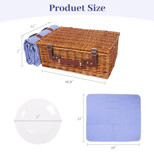 Neti Neti Wicker Picnic Basket for 4 with Insulated Cooler & Waterproof Blanket – Large Willow Picnic Hamper for Outdoor, Camping, Beach, Romantic Dates, Valentine’s Day - color: Blue Plaid