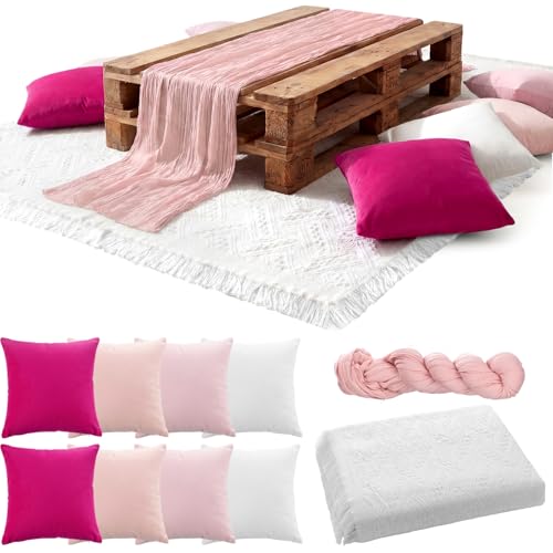Moukeren 10 Pcs 71''x102'' Extra Large White Outdoor Boho Picnic Blanket with Pink Table Runner 8 Throw Pillow Cover Oversized Washable Portable Beach Blanket for Valentine Picnic Camp Lawn Wedding - color: Pink