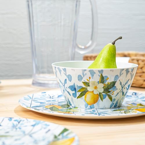 Bzyoo 12-Piece Melamine Dinnerware Set - Lemon Tiles | Lightweight, Durable, BPA-Free | Dishwasher Safe Dish Set for Indoor & Outdoor Use - Perfect for Camping, BBQs - color: Lemon Tile