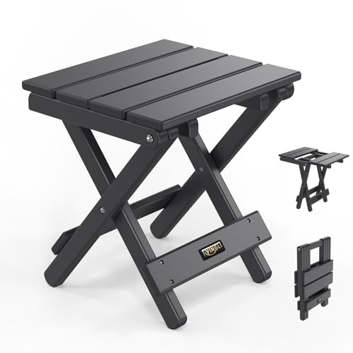 VINGLI Small HDPE Folding Side Table, Plastic Waterproof Portable Adirondack Coffee End Tables, All Weather for Patio, Backyard, Pool, Indoor Use, Slats Style, Black