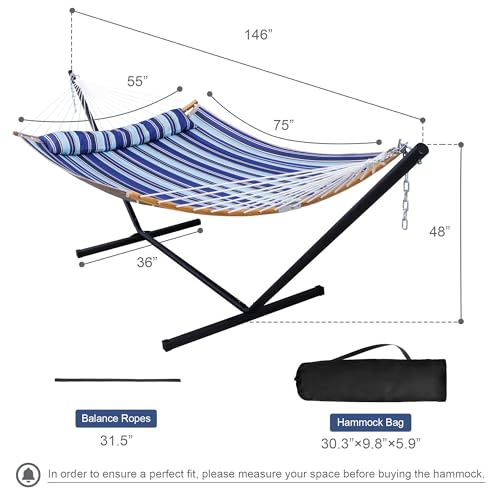 12 Ft Hammock with Stand for Outside, 2 Person Hammock Freestanding with Curved Spreader Bars, Pillow and Portable Bag, Heavy Duty 450 Lbs, Blue Stripes - color: A-blue Stripes