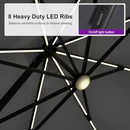 PURPLE LEAF 10 Feet Patio Umbrella Outdoor Cantilever Solar Powered LED Swivel Square Umbrella Aluminum Offset Umbrella with 360-degree Rotation for Garden Deck Pool Patio Light Grey - color: Light Grey, size: 10' X 10', style: Left-right Tilt（LED）