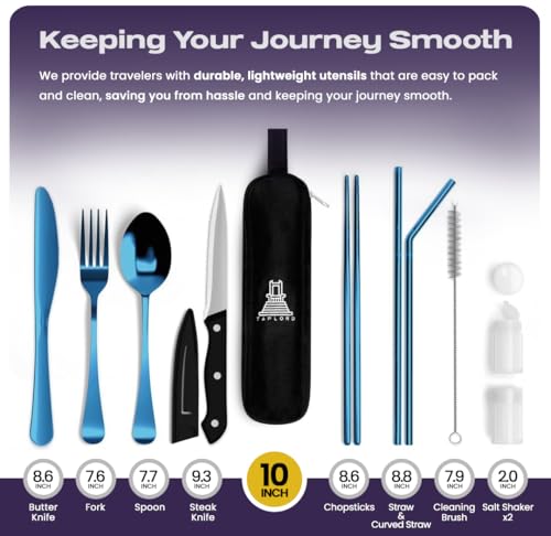 Taplord Portable Travel Silverware Set With Case, Includes 10 Pcs of Travel Utensils With Case, Stainless Steel Flatware Set For Camping, Lightweight (Blue) - color: Blue, size: 10 Pieces