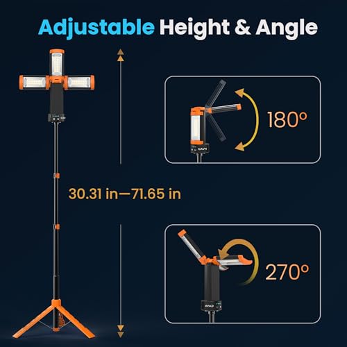 CAVN Rechargeable Camping Lights with Remote & Detachable Tripod Max Height 6.0 ft, Portable Work Light with 3 LED Lamp Heads, Camping Essentials Gear Emergency Flashlight with Hook, Orange - color: Orange