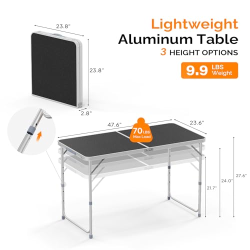 VINGLI 4FT White Folding Table with Carrying Handle Height Adjustable Lightweight Fold Up Portable for Indoor Outdoor Picnic,Camping,Hiking,Fishing,BBQ … - color: Black, size: 4ft