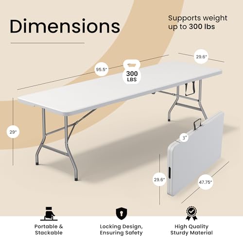 Our Modern Space 8 Feet Foldable Table with Built in Handle & Steel Legs | Heavy Duty Portable | Perfect for Party, Dining, Wedding, Events, Picnic Indoor, Outdoor, Camping, Utility, Temporary - color: White, size: 8 FT