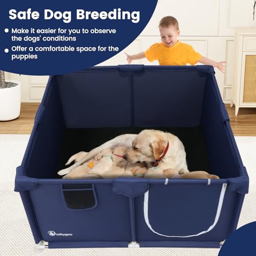 Whelping Box for Dogs - 50"L*50"W*25"H Dog Whelping Play Pen for Puppies,Pet Whelping Box Overall 600D Oxford Fabric with Absorbent Whelping Pad,Dog Birthing Box for Large Medium Small Dogs - color: blue-50*50*25inch