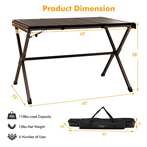 HAPPYGRILL Roll-up Folding Picnic Table Portable Aluminum Camping Table with Safety Latch, Solid Aluminum Frame, Storage Bag Included, Outdoor Lightweight Table for Camping
