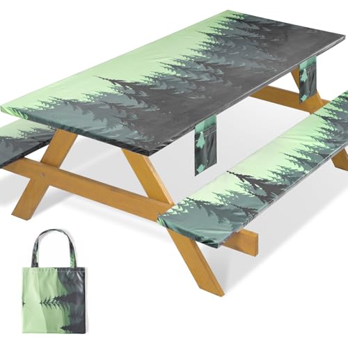Fitted Waterproof Picnic Table Cover with Bench Covers Elastic Edges Camping Tablecloth for 8 Foot Rectangle Tables Camp Cooking Motorhome Hiking Equipment Car Rv Travel Trailer Needs Gifts - color: Green Jungle, size: 96" x 30" (Rectangular)