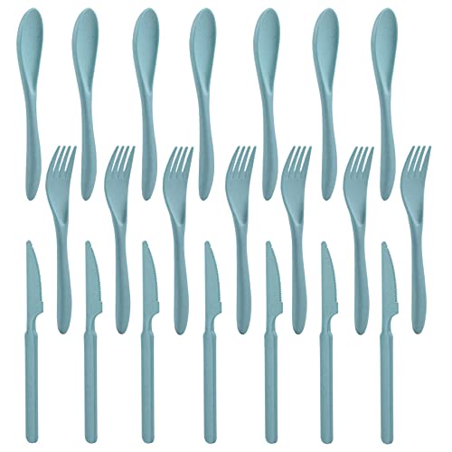 Forks Spoons Knife Set, 21 Pieces Wheat Straw Cutlery Set, Reusable Utensil Set for 7, Unbreakable and Lightweight Utensils for Party, Travel, Work, Lunch, Picnic, Camping or Daily Use (Green) - color: Green