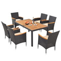 HAPPYGRILL 7 Pieces Outdoor Dining Set, Patio Conversation Set with Umbrella Hole, Acacia Wood Tabletop & Seat Cushions, Dining Table with 6 Rattan Wicker Chairs for Backyard Poolside Deck - color: Black & Beige