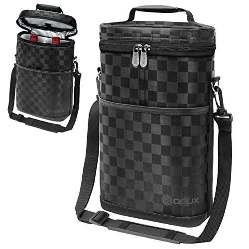 opux 2 Bottle Wine Carrier Tote, Insulated Leakproof Wine Cooler Bag, Wine Travel Bag Tote for Picnic BYOB Beach, Portable Wine Bottle Carrying Case, Gift for Wine Lover Women Men Christmas - color: Checkered Black