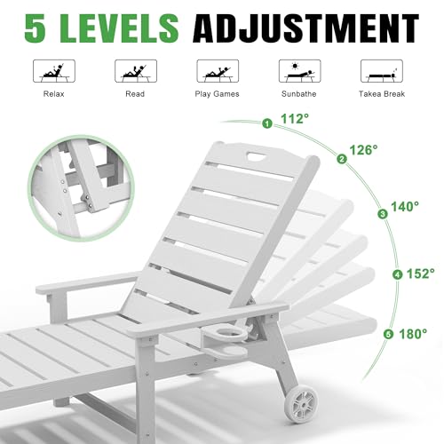 Outdoor Lounge Chair with 5-Position Adjustable, Outside Lounge Chair with Cup Holder, Wheels for Easy Mobility, HDPE Tanning Chair for Poolside, Patio, White - color: White, size: 1pc