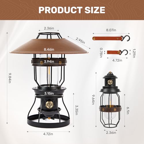 Metal LED Retro Camping Lantern, 2-in-1 Hanging/Standing, Dimmable, 3500mAh Rechargeable, Water Resistant, Brown - style: Retro Black