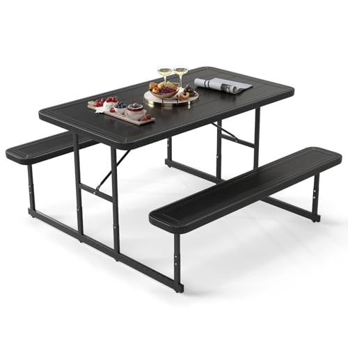 Giantex Picnic Table Bench Set for 4 People, 4.5FT Outdoor Rectangular Dining Table & 2 Benches w/Umbrella Hole, HDPE Tabletop, Metal Frame, Patio Garden Backyard Poolside (4.5FT,Non-Foldable,Black) - color: Black, size: Rectangle-54"x28"x30"