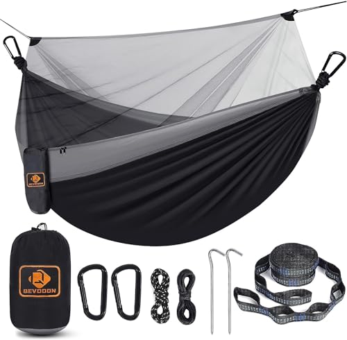 Camping Hammock with Net,Portable Lightweight Double Hammocks with Tree Straps and Solid D-Shape Carabiners,Parachute Nylon Hammock for Backpacking Beach Backyard Patio Hiking Black&Grey - color: Black & Grey, size: X-Large