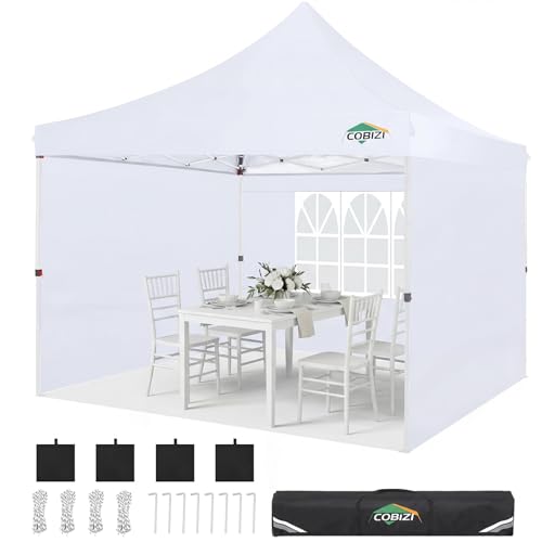 COBIZI 10x10 Pop Up with 3 Sidewalls, Canopy Tent 10x10 for Parties, Backyard, Commercial, Waterproof and Portable Instant Shelter UV50+ Outdoor Canopy Gazebo with 4 Sandbags(Pure White) - color: Pure White, size: 10x10FT with 3 sidewalls